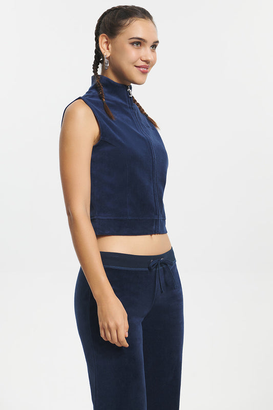 Mockneck Cotton Velour Zip-Up Vest - Regal Blue - Juicy Couture