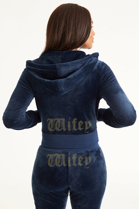 Wifey Customizable Big Bling Velour Hoodie - Regal Blue - Juicy Couture