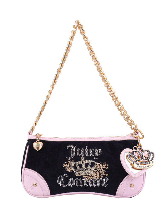 The Royal Bloom Shoulder Bag by Juicy Couture features black velvet, pink leather corners, a gold chain strap, heart zipper pull, crown logo charm, and Royal Bloom embroidery for a glamorous and chic look.