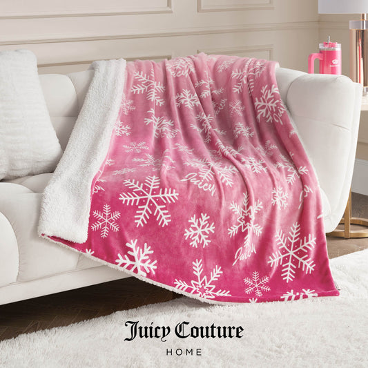 Plush Reversible Sherpa Throw Blanket - Pink Ombre Snowflake - Juicy Couture