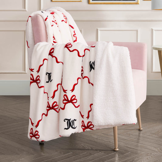 Plush Reversible Sherpa Throw Blanket - Red Beautiful Bow Lattice - Juicy Couture