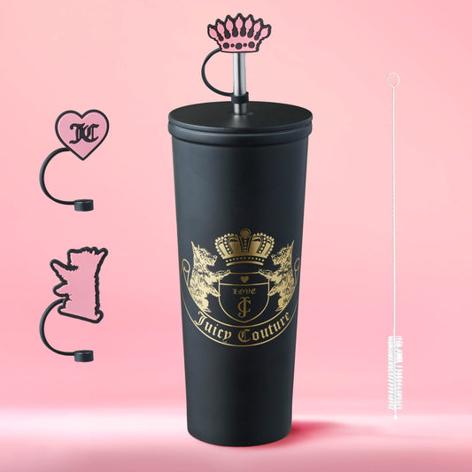 The Couture Hydration Stainless Steel Tumbler Cup 6-Piece Set includes a black tumbler with gold crest logo, pink crown straw topper, 3 chic bag hooks, and a white cleaning brush—perfect for stylish sipping.