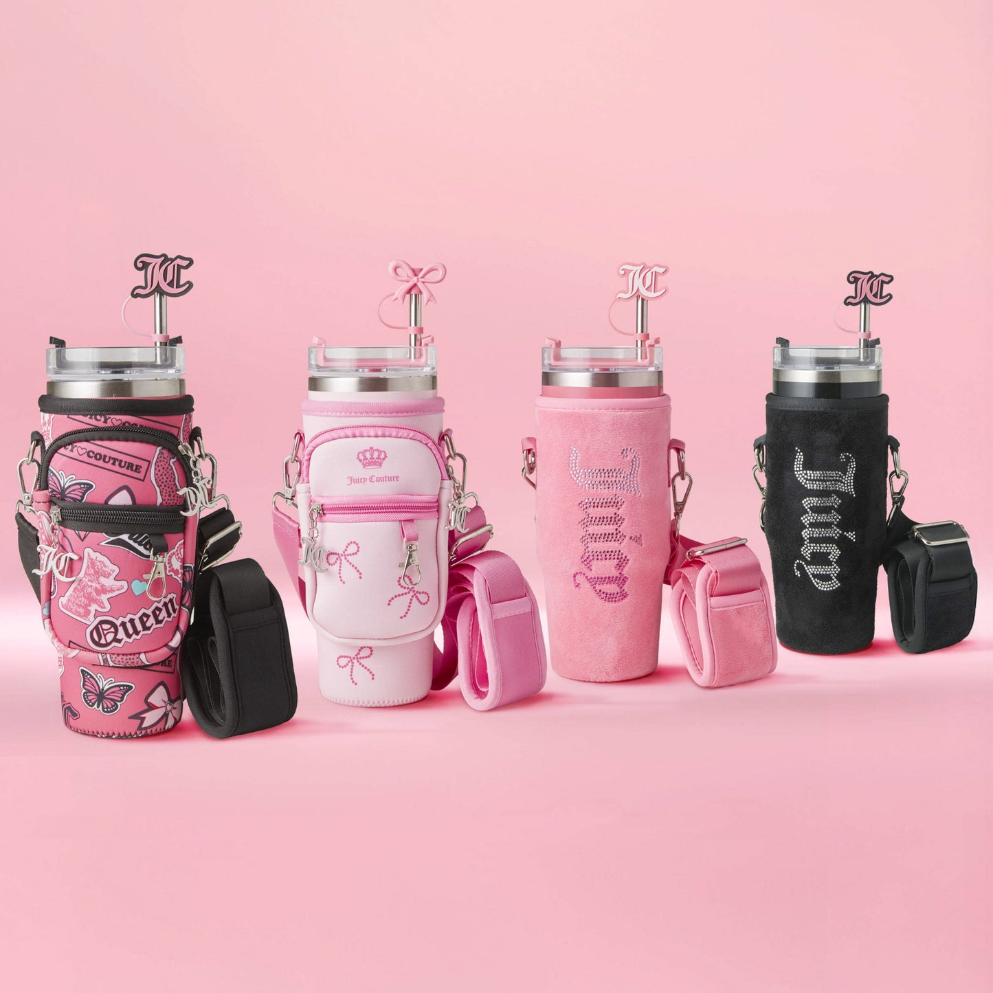 Four Jetsetter Hydration Stainless Steel Tumblers with pink-themed Juicy Couture neoprene crossbody pouches and matching straps, each featuring unique designs, are displayed side by side—ideal for stylish hydration on the go.