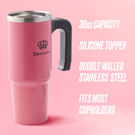 The Jetsetter Hydration Stainless Steel Tumbler with Neoprene Crossbody Pouch is shown in pink. Features include a 30oz capacity, handle, silicone topper, double-walled stainless steel, cupholder-friendly size—your ideal travel companion.