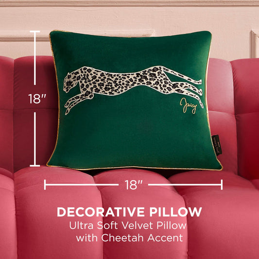 The Velvet Cheetah Square Pillow, measuring 18 inches, features ultra-soft green velvet and a chic cheetah accent, adding a bold touch to your décor.