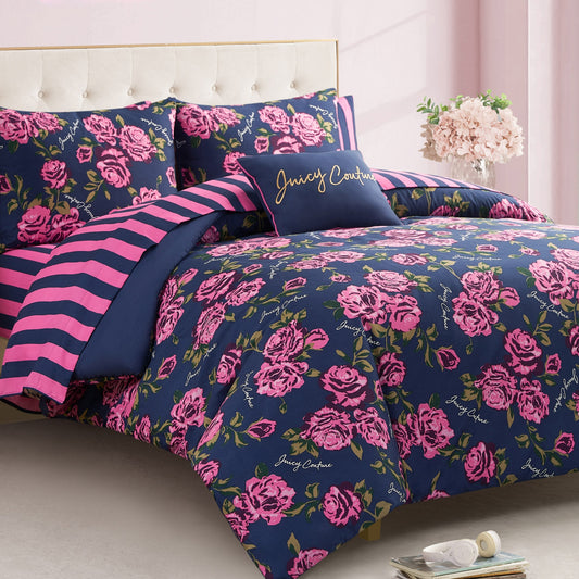 Rose Logo Bed in a Bag Bedding Set - Navy/Pink Roses - Juicy Couture