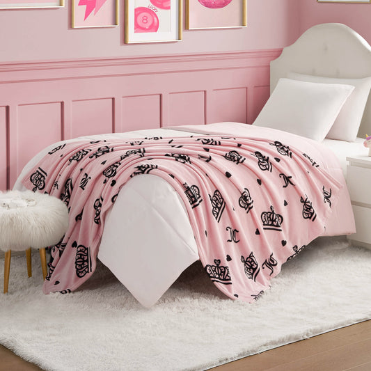 Plush Throw Blanket - Elegant Crown Diamond Toss Pink - Juicy Couture
