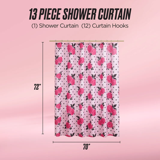 A pink Shower Curtain and Hooks Set with a rose and polka dot design hangs on hooks. Text above says 13 Piece Fabric Shower Curtain, 72 x 70. Set includes 1 shower curtain and 12 matching hooks.