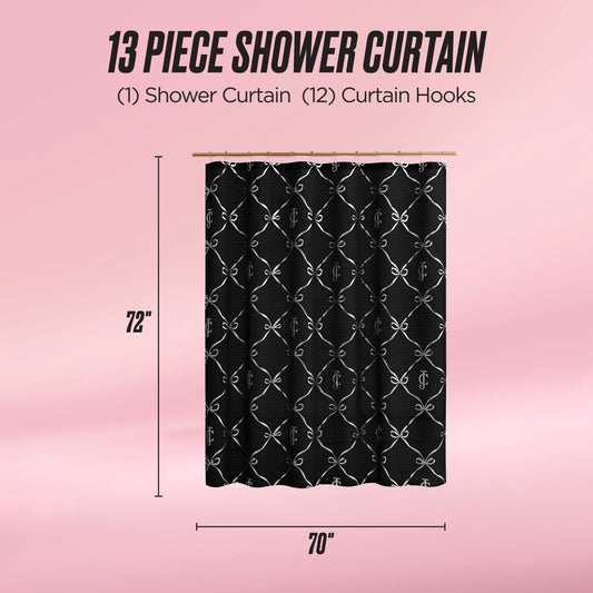 A black fabric shower curtain with a white pattern is shown on a pink background. Text reads “Shower Curtain and Hooks Set,” 72 x 70 inches, includes 1 curtain and 12 hooks—ideal for stylish bathroom decor.