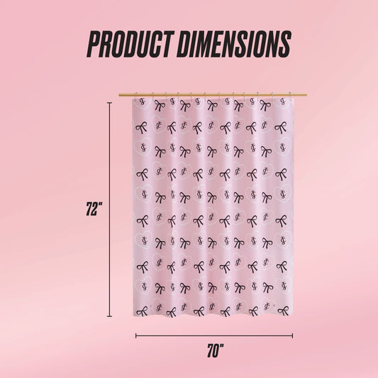 A PEVA Shower Curtain Liner with pink color and black bow patterns hangs from a rod. "Product Dimensions" text and arrows show it measures 72 inches tall by 70 inches wide. The background is light pink.