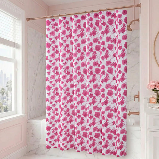 A bathroom with marble walls and a window features the Larissa Floral Shower Curtain with PEVA Liner and Hooks 14-Piece Set in pink and white with a floral pattern, making it a true statement shower curtain. A round mirror, flowers in a vase, and a sink are visible on the right side of the image, enhancing the elegant bath decor.