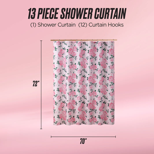 The Shower Curtain and Hooks Set features pink flowers and green leaves on a white background, measures 72x70 inches, and includes twelve hooks—ideal for adding chic style to your bathroom. Presented with text on a pink gradient background.