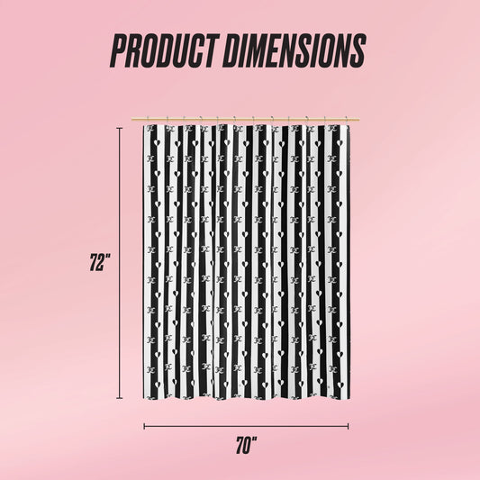 Black and white striped PEVA Shower Curtain Liner with bow patterns displayed on a pink background. Text reads Product Dimensions. The curtain liner measures 72 inches tall and 70 inches wide.