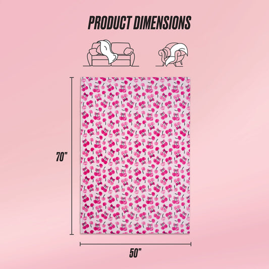 A pink and white Kids Plush Throw Blanket with flamingo patterns is displayed, measuring 70 x 50 inches. Icons show the ultra-soft blanket on a sofa and with a person. Text reads: "Product Dimensions.