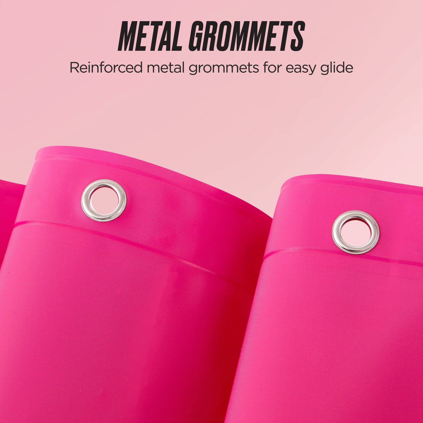 Close-up of a bright pink PEVA Shower Curtain Liner featuring reinforced silver metal grommets at the top, with text above reading METAL GROMMETS and Reinforced metal grommets for easy glide.