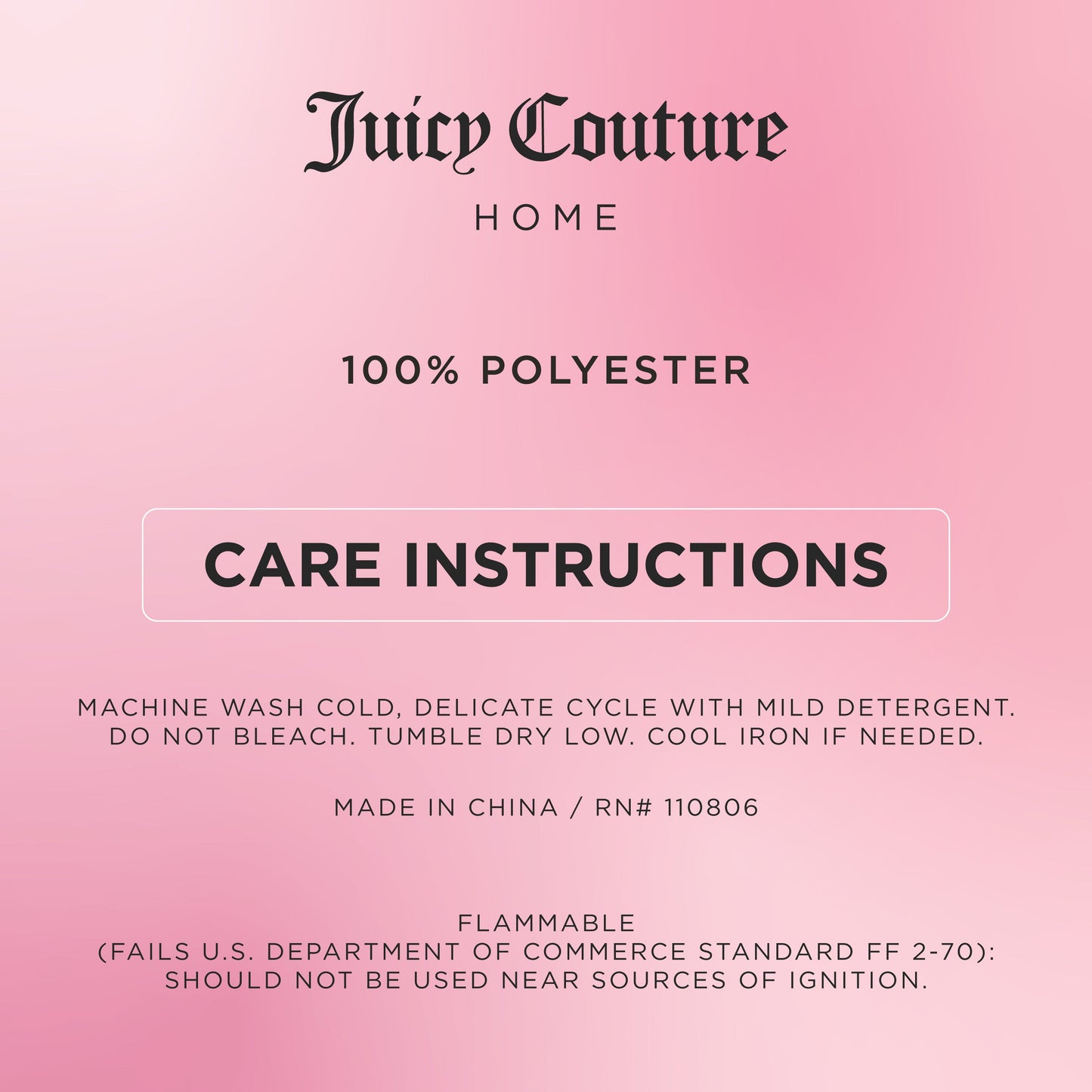 Aurora Sheer Window Curtain care: 100% polyester, machine wash cold, delicate cycle, tumble dry low, cool iron if needed. Flammable—keep away from ignition sources. Made in China. Instructions on pink background.