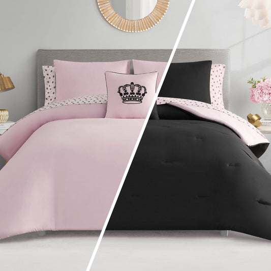 Split image of a neatly made bed features two looks with the Crown Sparkle Solid Reversible Bed in a Bag Bedding Set: light pink on the left, black on the right—both styled with a crown pillow in a softly modern room.