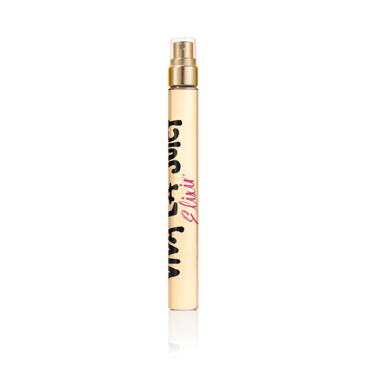 The Viva La Juicy Elixir Eau de Parfum Spray Pen (0.33 oz) features a slim, cylindrical bottle with a gold cap and pink cursive "Elixir," perfect for women, shown against a white background.