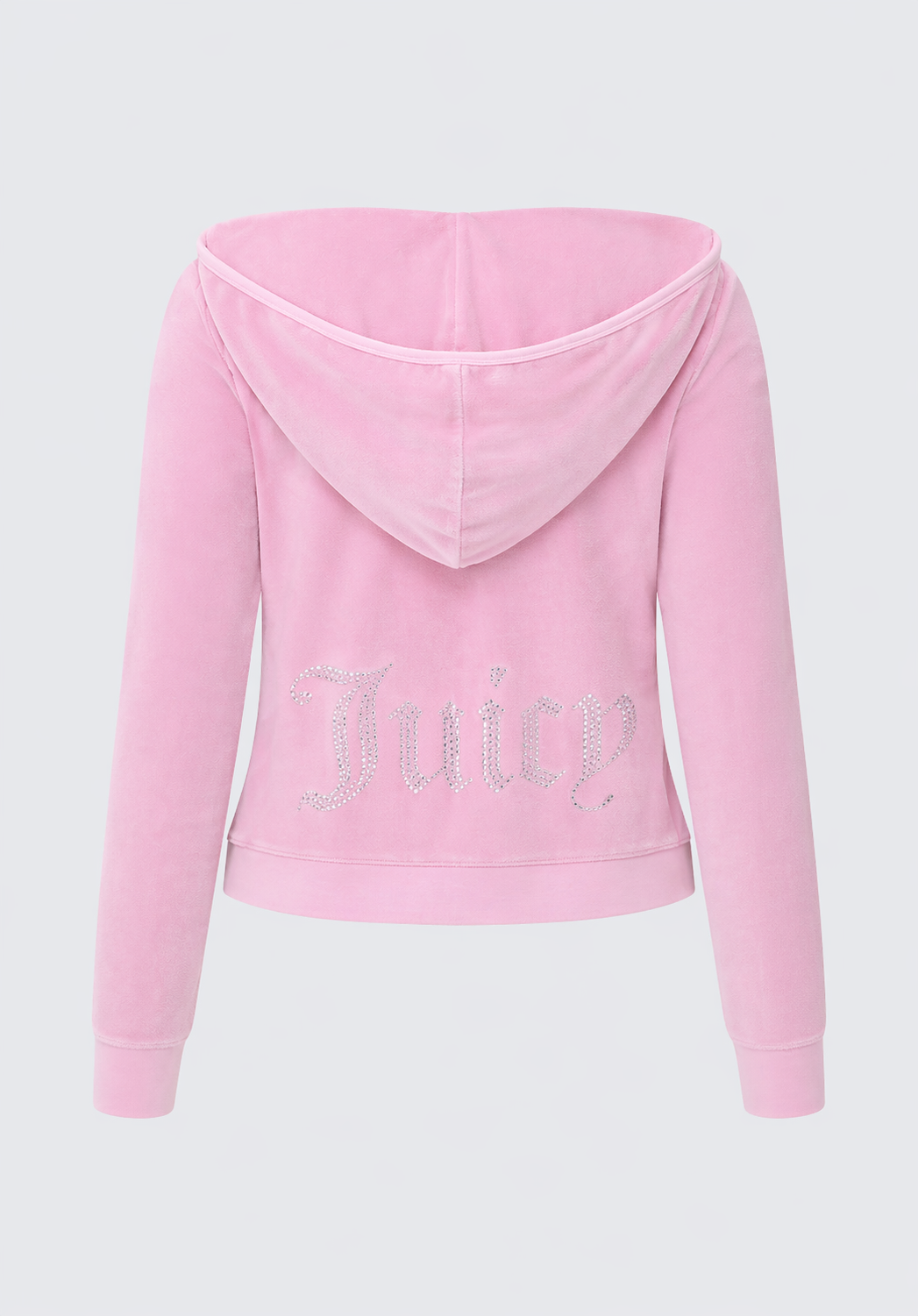 The Big Bling Washed Terry Hoodie is a light pink velour hoodie with long sleeves, a hood, and a rhinestone "Juicy" logo on the back.