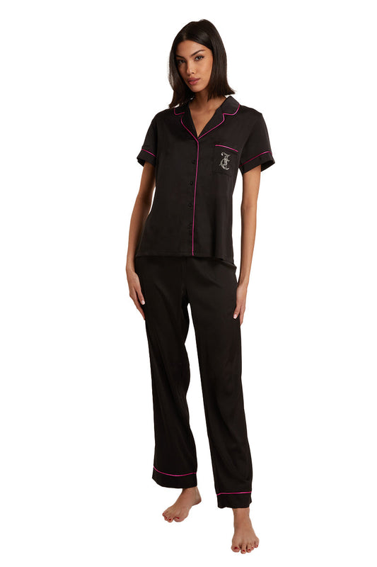 Satin Short Sleeve Notch Collar PJ Set - Black - Juicy Couture