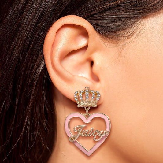 Crown & Pink Heart Drop Earrings - Goldtone - Juicy Couture