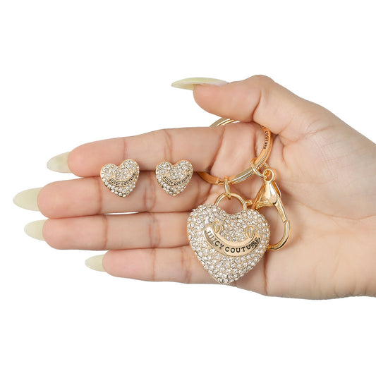 Gold-Tone Pave Heart Keychain Bag Charm & Earrings Set - Goldtone - Juicy Couture