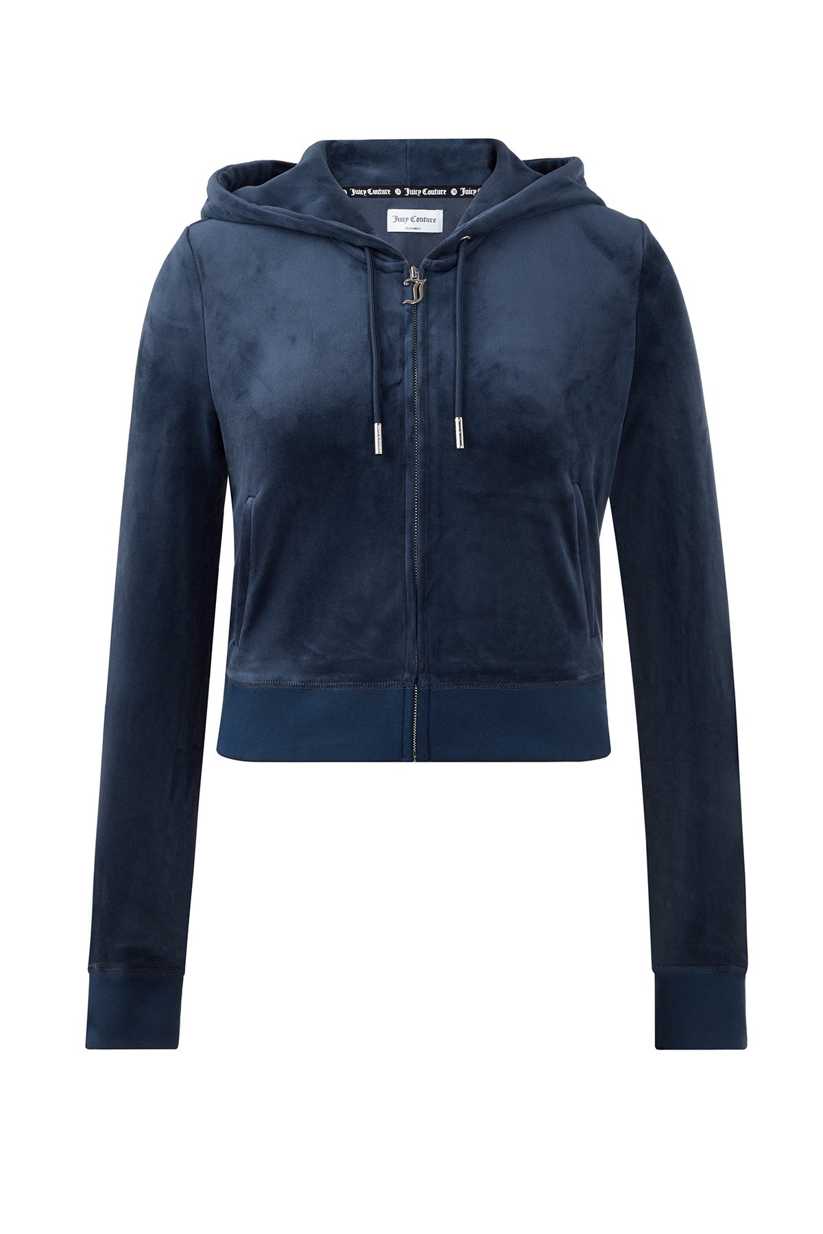 The OG Big Bling Velour Hoodie in navy blue features a zip-up front with gothic J pull, long sleeves, drawstring hood, and ribbed cuffs and hem. Displayed on a plain white background.