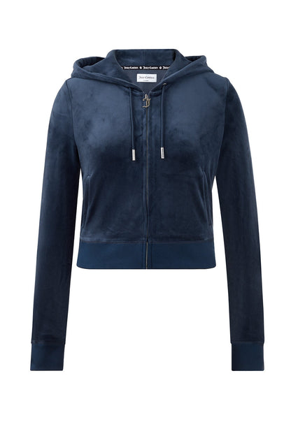 The OG Big Bling Velour Hoodie in navy blue features a zip-up front with gothic J pull, long sleeves, drawstring hood, and ribbed cuffs and hem. Displayed on a plain white background.