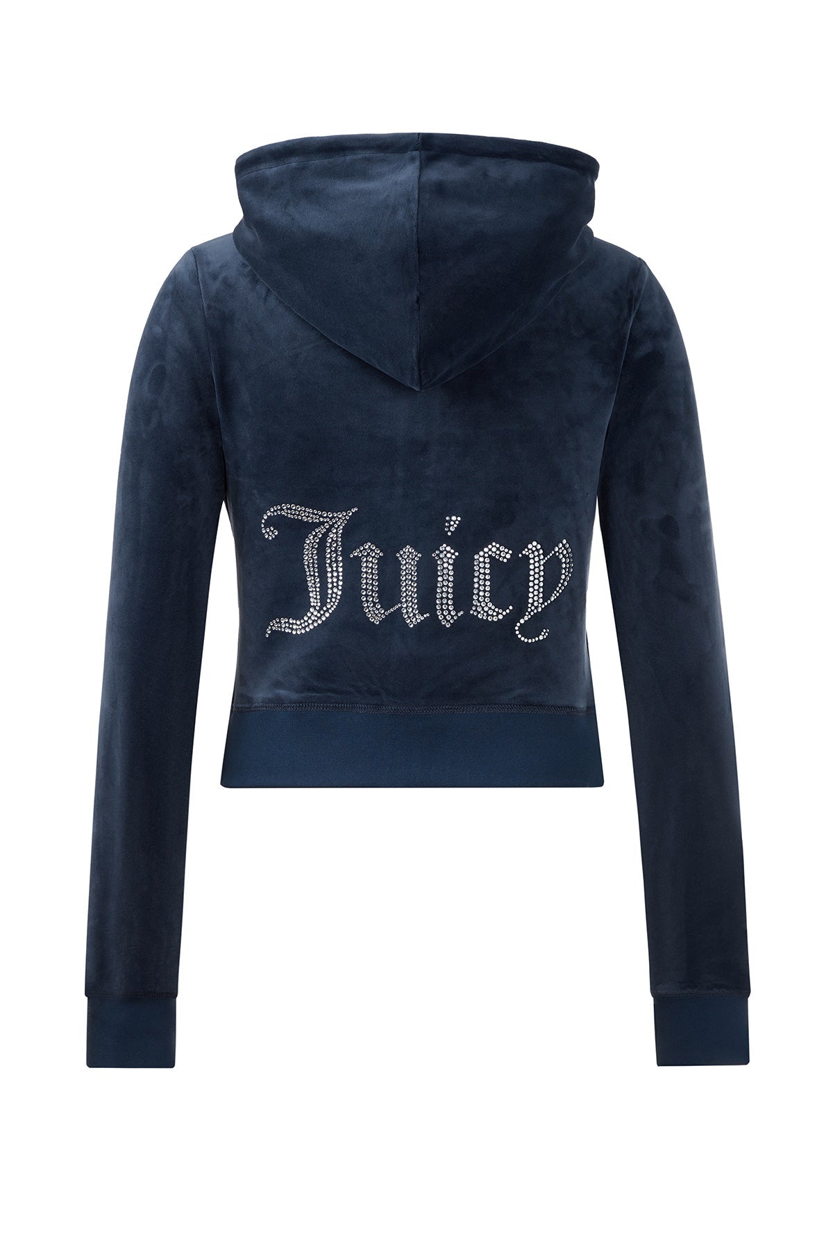 The OG Big Bling Velour Hoodie is a navy blue Y2K-inspired hoodie with long sleeves, thumbholes, a gothic J pull zipper, and "Juicy" in rhinestones across the back.