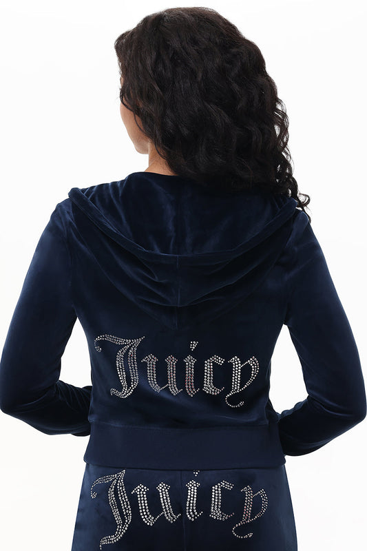 Custom Initial OG Big Bling Velour Hoodie - Regal Blue - Juicy Couture