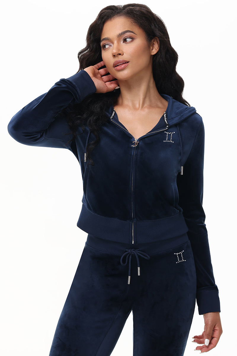 Custom Zodiac OG Big Bling Velour Hoodie - Regal Blue - Juicy Couture