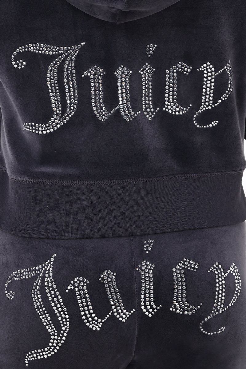 Close-up of the OG Big Bling Velour Hoodie, a black Y2K-inspired tracksuit with a bedazzled hoodie, "Juicy" in rhinestones on the back of both jacket and pants, and a gothic "J" zipper.