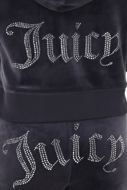 Close-up of the OG Big Bling Velour Hoodie, a black Y2K-inspired tracksuit with a bedazzled hoodie, "Juicy" in rhinestones on the back of both jacket and pants, and a gothic "J" zipper.