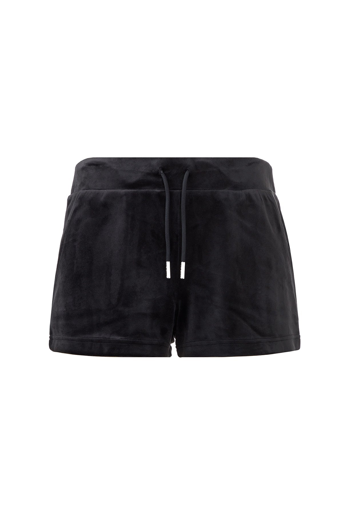 The Big Bling Velour Track Shorts feature side pockets, an elastic waistband with metallic-tipped drawstrings, and a soft velour texture for a simple, casual look.