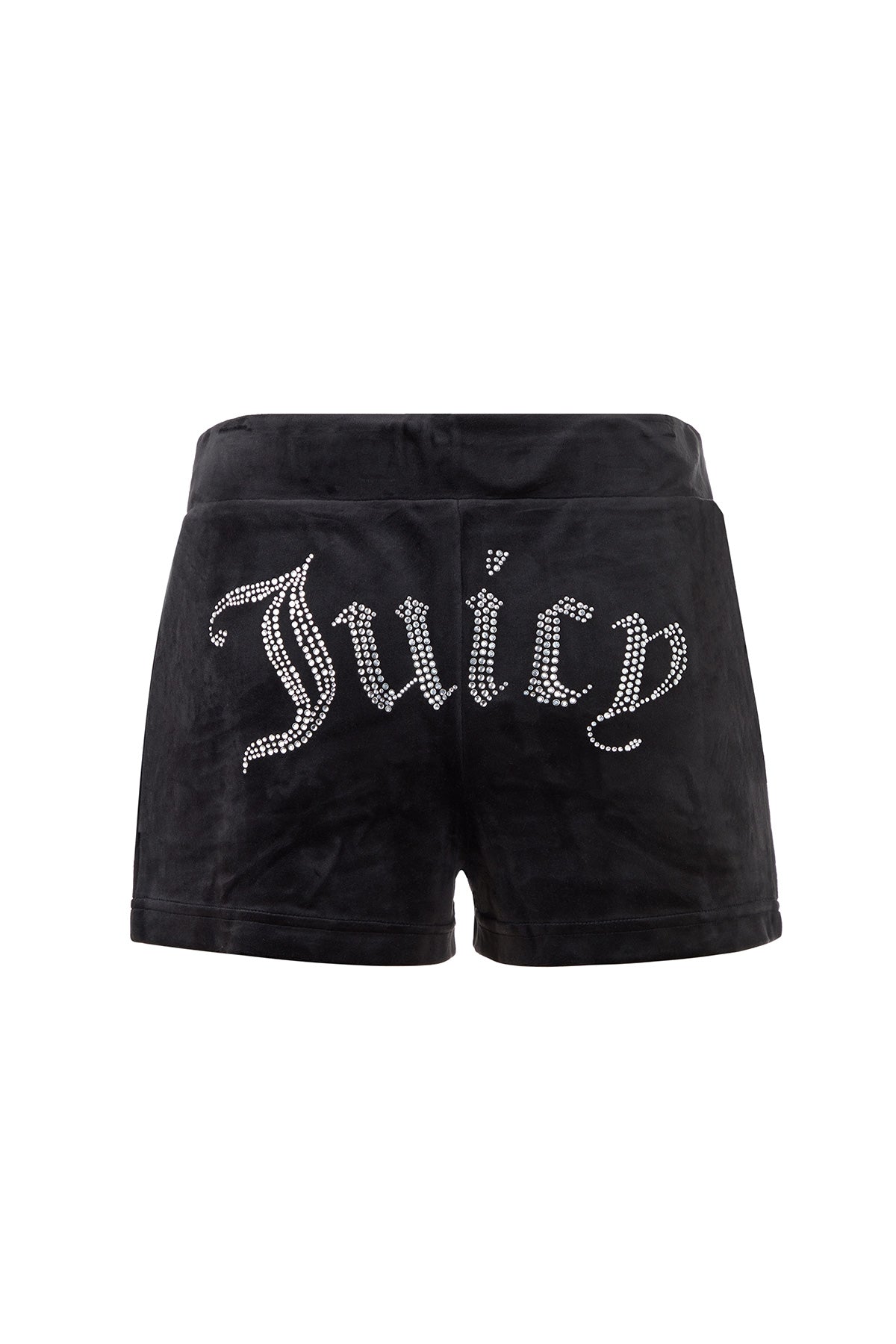 Big Bling Velour Track Shorts featuring side pockets and "Juicy" spelled out in large rhinestone letters across the back.