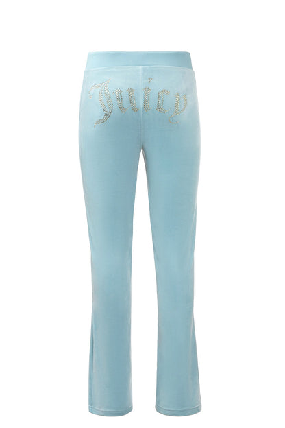 Light blue velour pants shown from the back, with "Juicy" in rhinestones across the top—ideal to pair with the Heart & Arrow Baby Tee.