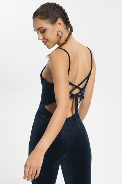 Strappy Script Velour Jumpsuit - Regal Blue - Juicy Couture
