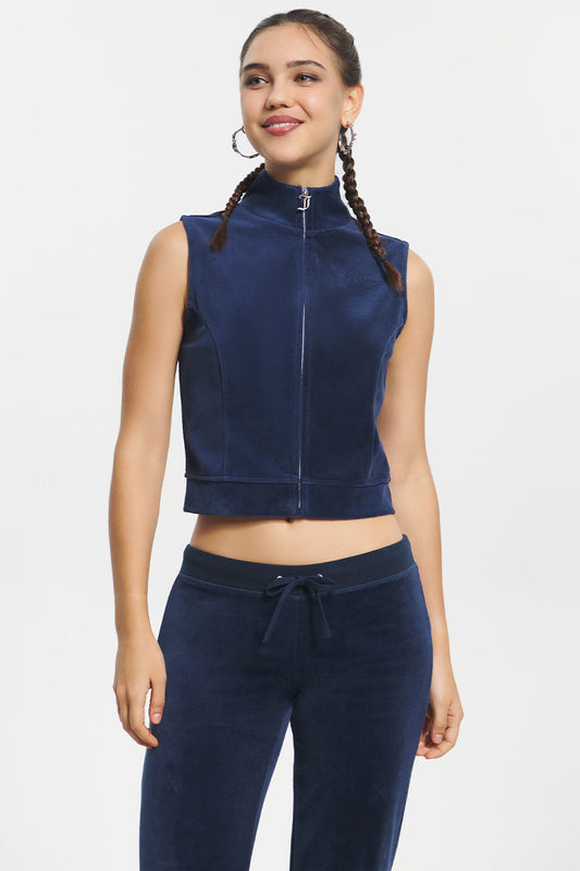 Mockneck Cotton Velour Zip-Up Vest - Regal Blue - Juicy Couture