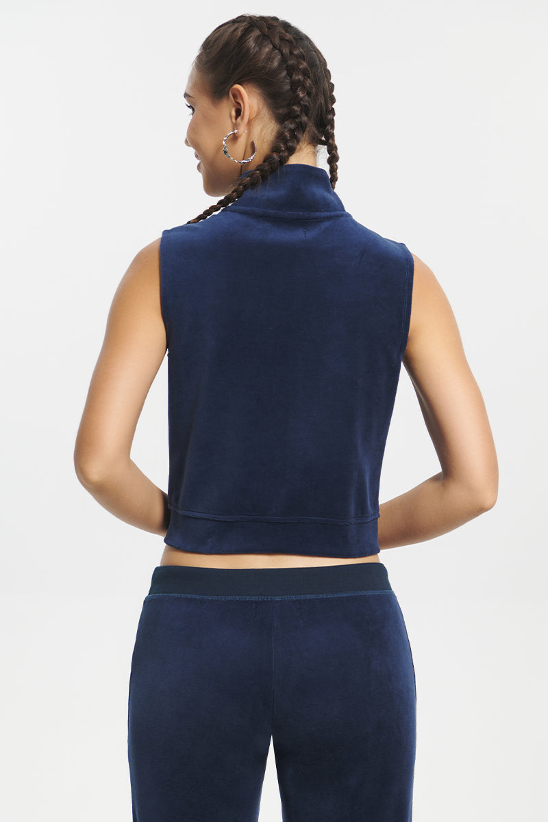 Mockneck Cotton Velour Zip-Up Vest - Regal Blue - Juicy Couture