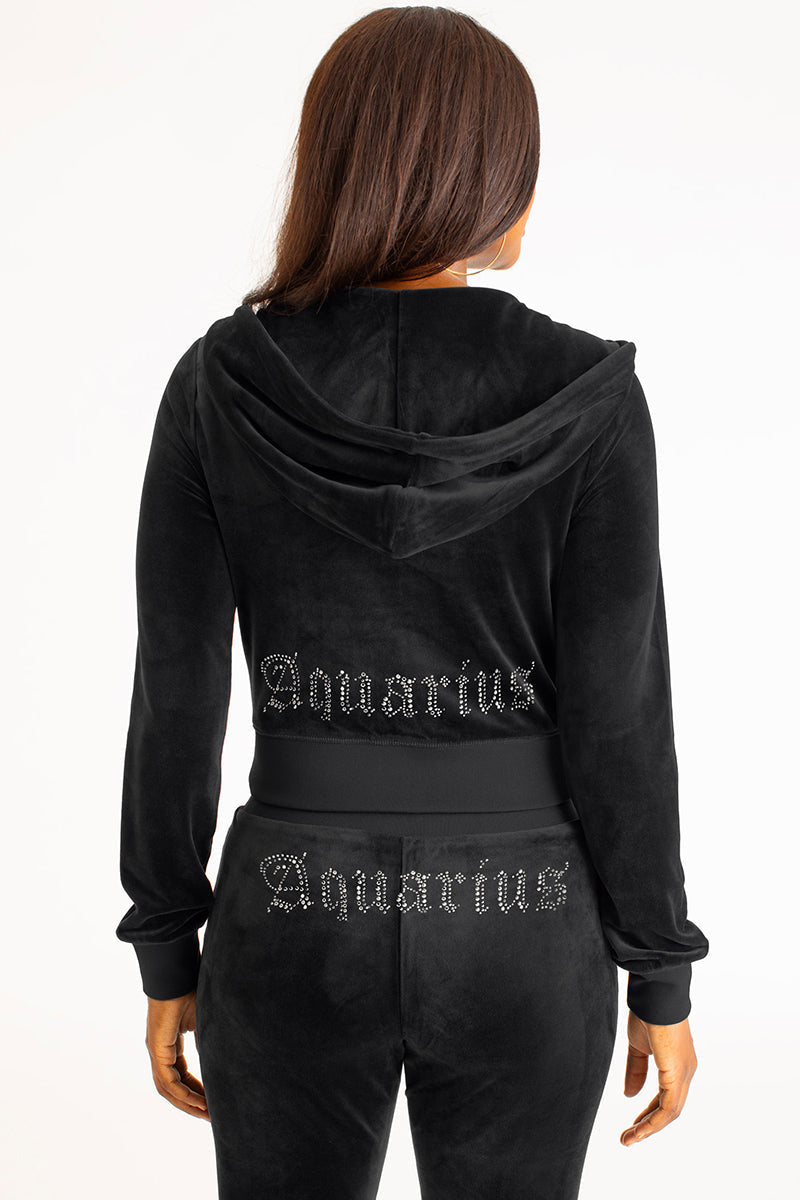 Aquarius Customizable Big Bling Velour Hoodie - Liquorice - Juicy Couture