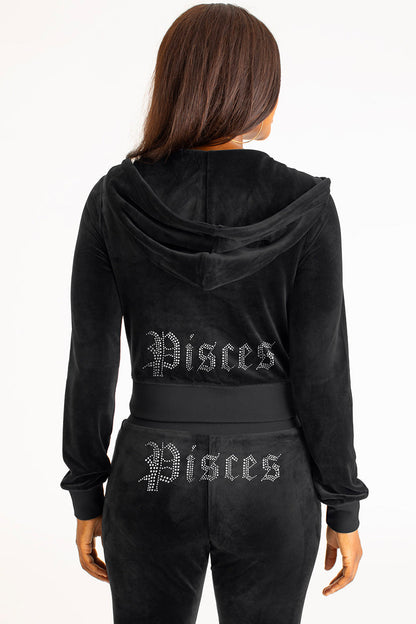 Pisces Customizable Big Bling Velour Hoodie - Liquorice - Juicy Couture