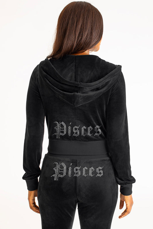 Pisces Customizable Big Bling Velour Hoodie - Liquorice - Juicy Couture