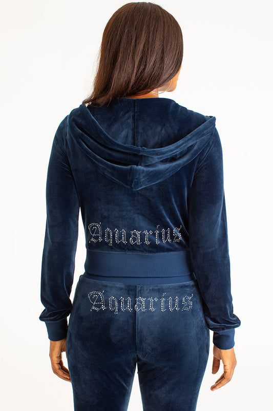 Aquarius Customizable Big Bling Velour Hoodie - Regal Blue - Juicy Couture