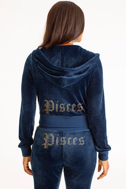 Pisces Customizable Big Bling Velour Hoodie - Regal Blue - Juicy Couture