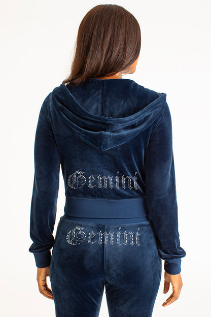 Gemini Customizable Big Bling Velour Hoodie - Regal Blue - Juicy Couture