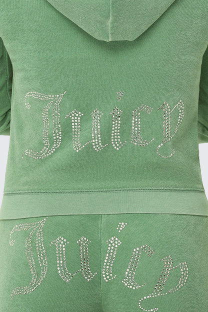 Close-up of the Big Bling Washed Terry Hoodie, a green velour tracksuit with a sparkling rhinestone "Juicy" logo on the back, paired with a cozy hoodie for ultimate comfort.