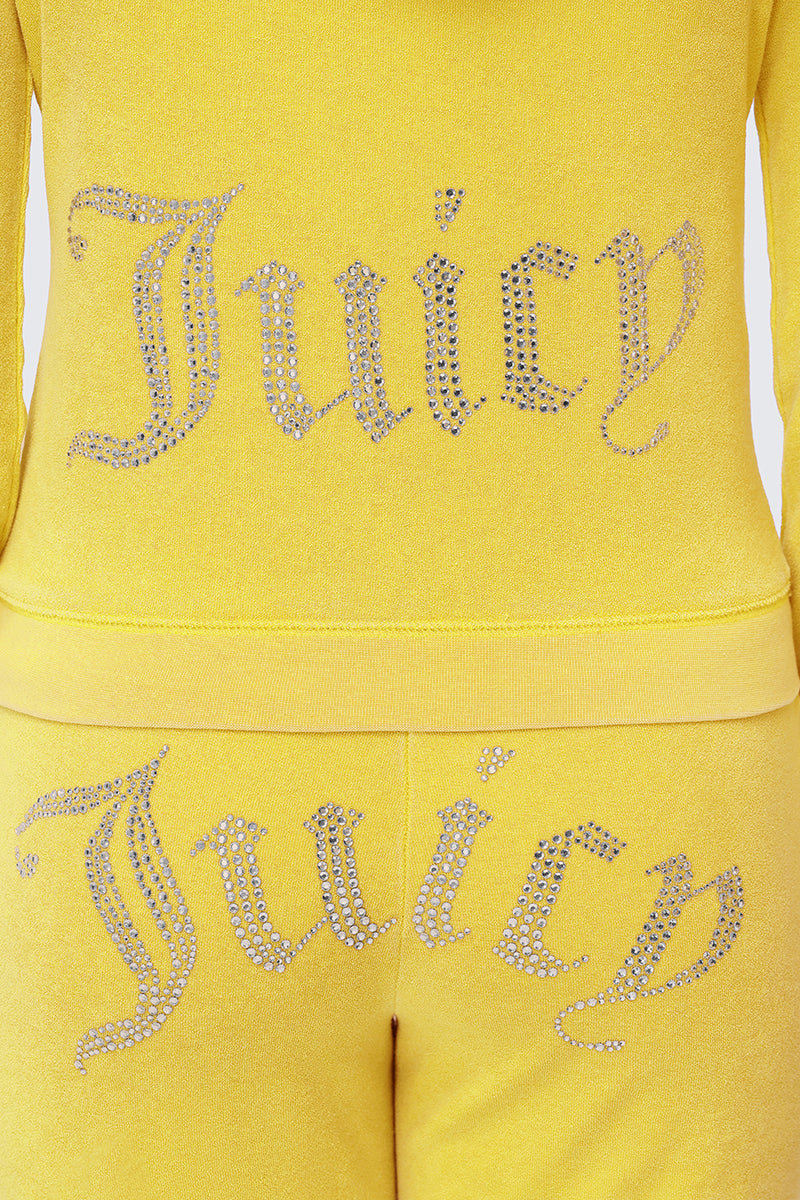 Close-up of the Big Bling Washed Terry Hoodie in yellow, featuring the Juicy logo spelled out in rhinestones across the front, vintage-inspired with a decorative cursive font.