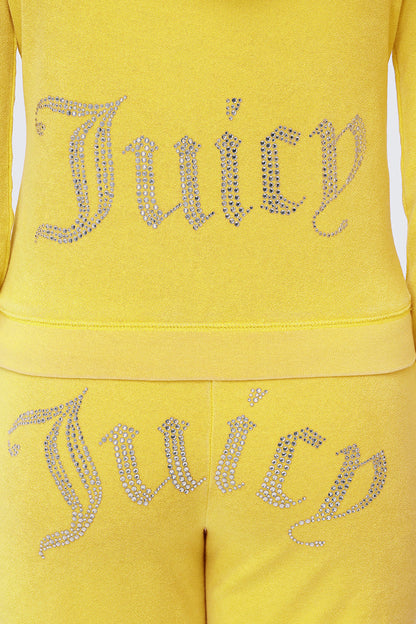 Close-up of the Big Bling Washed Terry Hoodie in yellow, featuring the Juicy logo spelled out in rhinestones across the front, vintage-inspired with a decorative cursive font.
