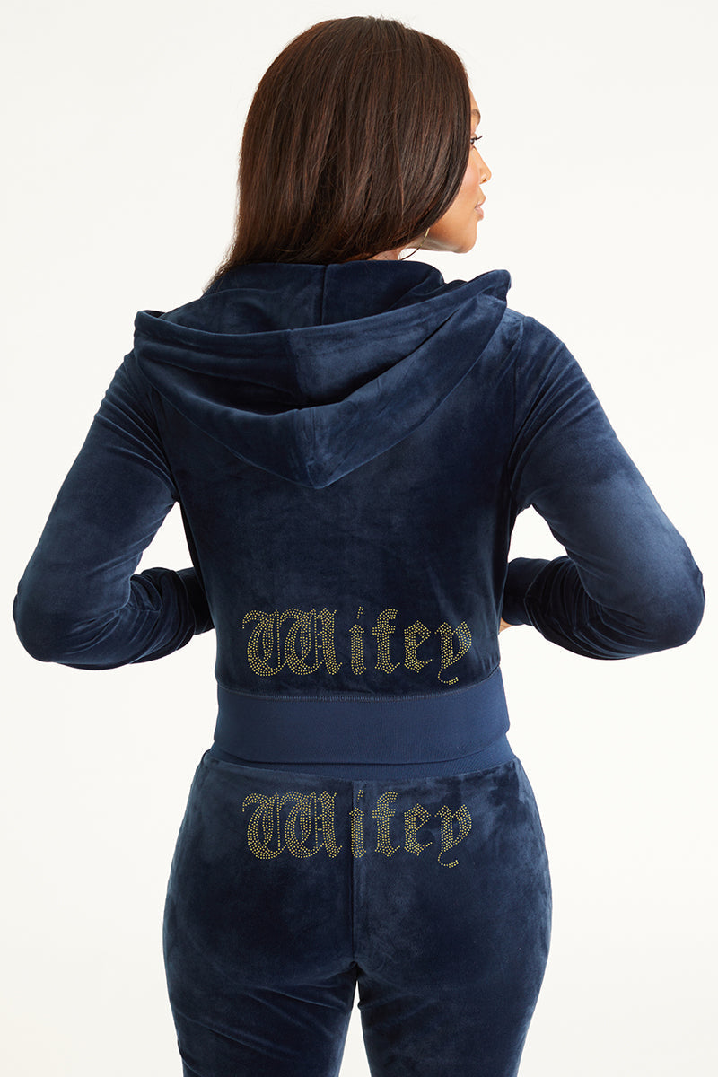 Wifey Customizable Big Bling Velour Hoodie - Regal Blue - Juicy Couture