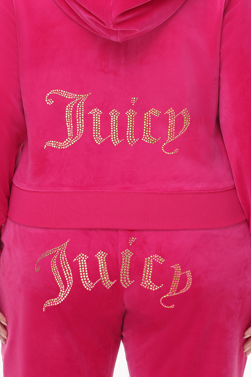 Plus-Size Technicolor Customizable Big Bling Velour Hoodie - Free Love - Juicy Couture